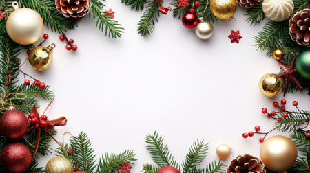Christmas white background, adorned with holiday decorations around the edges. Copy place.の素材
