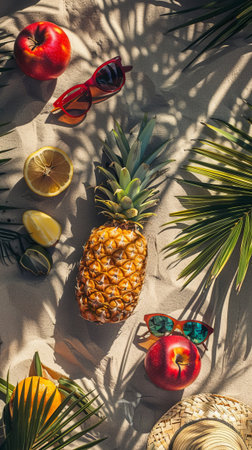 A tropical scene with a pineapple, apples, and oranges on a beach. Fruit and sunglasses suggesting a day at the beachの素材