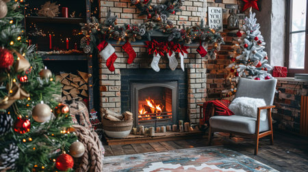 A cozy living room with a fireplace, a Christmas tree, and a couch. The room is lit by candles and the atmosphere is warm and inviting.の素材