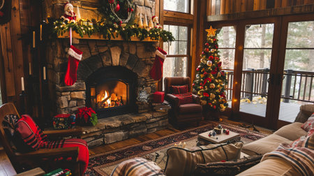 A cozy living room with a fireplace, a Christmas tree, and a couch. The room is filled with warmth and holiday cheerの素材