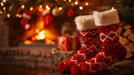 A fireplace with a fire burning in it and a Christmas tree in the background. Two red and green socks with a Christmas tree in the background. Scene is festive and cozyの素材