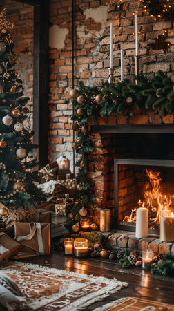 A cozy living room with a fireplace and a Christmas tree. The room is lit by candles and the atmosphere is warm and invitingの素材