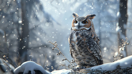 A large owl is sitting on a branch in the snow. Christmas owl is looking at the camera, and the scene is peaceful and sereneの素材