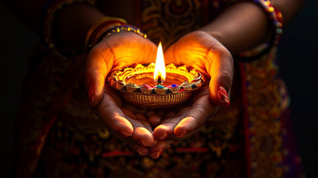 Hands holding an oil lamp with a burning flame in the dark background. Concept of spirituality and celebration of Diwaliの素材
