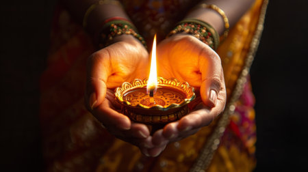 Hands holding a lit oil lamp, adorned with bracelets, captured in a close-up on a dark background. Concept of spirituality and celebration of Diwaliの素材