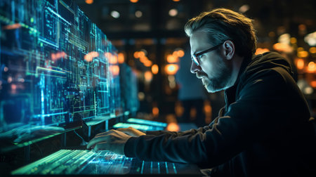 A man is sitting in front of a computer screen, typing on a keyboard. Concept of focus and concentration as the man works on his computerの素材