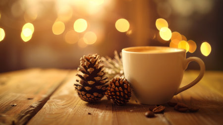 A coffee cup with pine cones and coffee grounds on a wooden table on blurred background. The scene conveys a cozy and Christmas warm atmosphereの素材