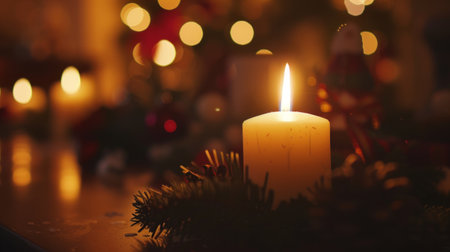 A candle is lit in front of a Christmas tree. The candle is surrounded by pine needles. The image conveys a cozyの素材