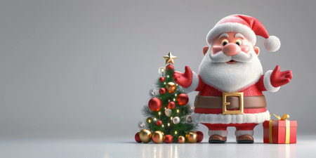 3D Santa Claus is standing in front of a Christmas tree with a box of presents. The scene is festive and cheerful, with the bright colors. Copy place.の素材