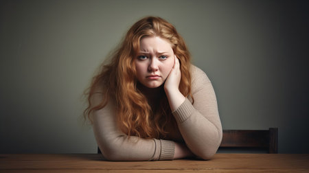 A young overweight woman feeling sad and depressed. Plus size female feel depressed lonely. Mental health concept.の素材