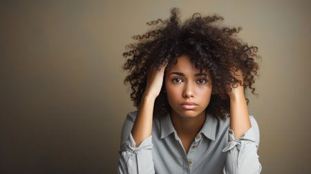Depressed black skin woman with head bowed. Depression, loneliness and mental health concept.の素材