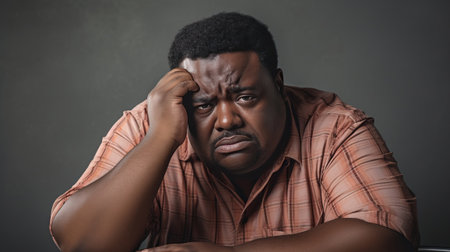 Depressed black skin man with head bowed. Depression, loneliness and mental health concept.の素材