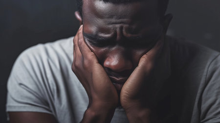 Depressed black skin man with head bowed. Depression, loneliness and mental health concept.の素材
