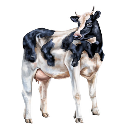 Black and white cow with spots and horns in full growth. digital illustration. isolated object. From the farmer's collectionの写真素材