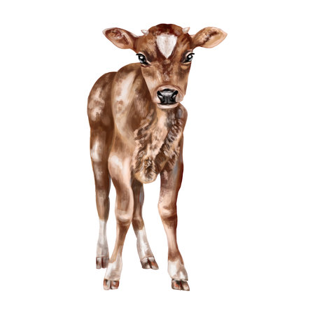 Cute calf with spots and small horns in full growth. digital illustration. isolated objects. From the farmer's collectionの写真素材