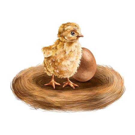 Farmer's composition of yellow chicken and eggs in a nest of hay and twigs. From farmer's collectionの写真素材