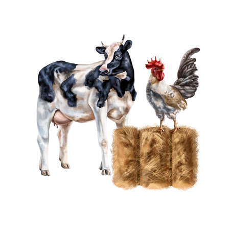 A composition of a black and white cow and a gray rooster on a golden haystack. For postcards, textiles, booklets, banners, stickers. digital illustration.の写真素材