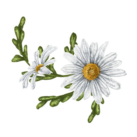 A composition of large wild daisies. Flowers, buds and leaves. On a white background. Design for herbal tea, natural cosmetics, aromatherapy, health products, textilesの写真素材