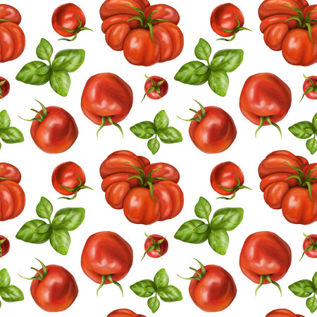 .Seamless hand drawn pattern with red tomatoes, cherry tomatoes and basilic. Vegetable background for textiles, fabrics, wrapping paper, and other designs. On white background.の写真素材