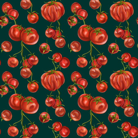 Seamless hand drawn pattern with red tomatoes and cherry tomatoes. Vegetable background for textiles, fabrics, banner, wrapping paper, and other designs. Digital illustration on turquoise background.の写真素材
