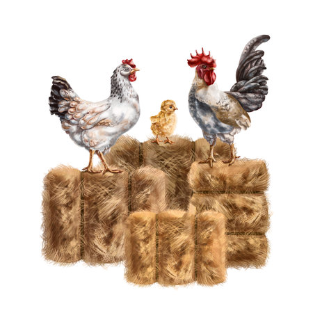 A composition of a white chicken, a chicken and a gray rooster among a pile of golden haystacks. For postcards, textiles, booklets, banners, stickers. digital illustration.の写真素材