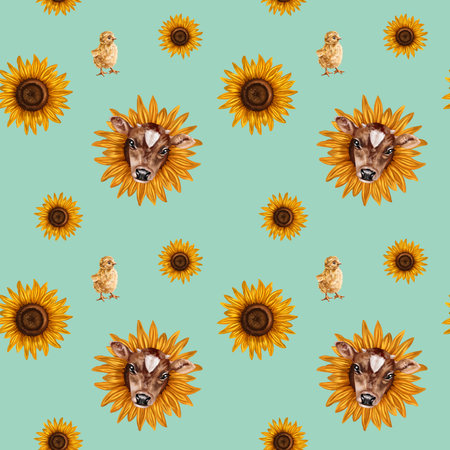 Seamless hand drawn pattern with a calf in a sunflower and a chicken. Flower background for textiles, fabrics, banner, wrapping paper and other designs. Digital illustration on turquoise background.の写真素材