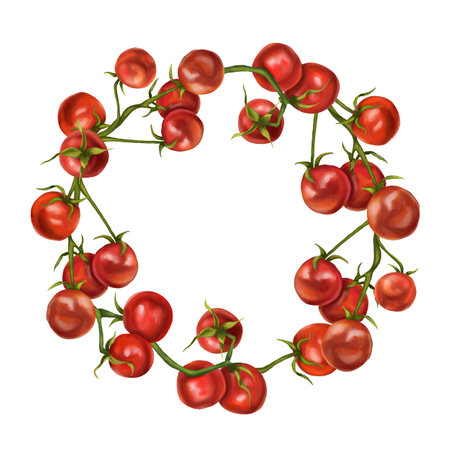 Round frame of cherry tomatoes on a twig. Digital illustration on a white background. Applicable for packaging design, postcards, prints, textiles.の写真素材