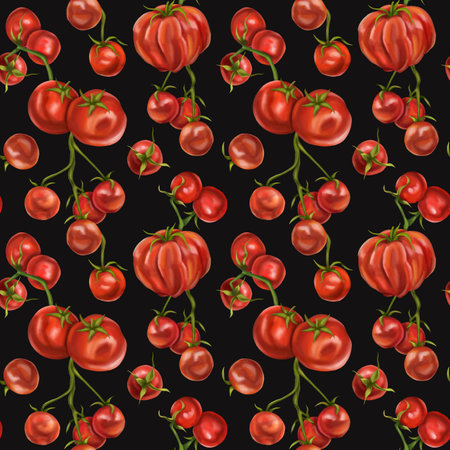 Seamless hand drawn pattern with red tomatoes and cherry tomatoes. Vegetable background for textiles, fabrics, banner, wrapping paper, and other designs. Digital illustration on black background.の写真素材