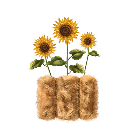 A farmer's composition of a stack of fluffy golden hay and colorful sunflowers. For postcards, textiles, booklets, banners, stickers. digital illustration.の写真素材