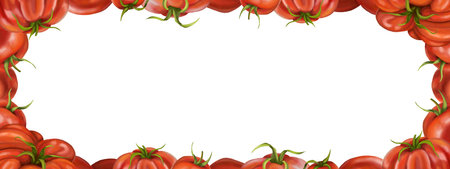Frame of red ripe tomatoes of different varieties. Digital illustration on a white background. For packaging design, postcards, prints, textiles.の写真素材