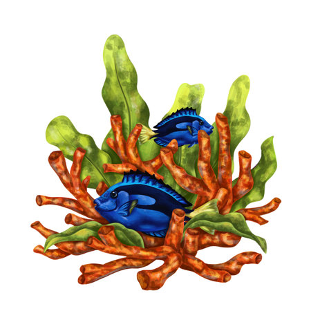 A bright composition with an underwater world. Red coral, seaweed, tropical fish royal blue. Digital illustration on a white background. For printing, stickers, posters, postcards, prints.の写真素材