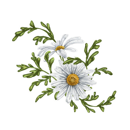 A composition of large wild daisies. Flowers, buds and leaves. On a white background. Design for herbal tea, natural cosmetics, aromatherapy, health products, textilesの写真素材