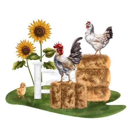 A farmer's composition of stacks of fragrant hay, colorful sunflowers, yellow chicken, chicken and rooster in a meadow. For postcards, textiles, booklets, banners, stickers. digital illustration.の写真素材