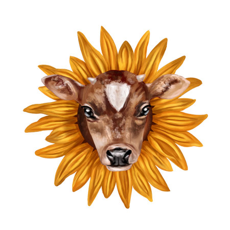 A young calf in a bright sunflower. Digital illustration on a white background. For design, textiles, banners, labels, stickers, packaging.の写真素材