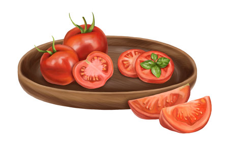 A composition of tomatoes on a tray made of wood. Tomatoes in slices, triangles, with a basil leaf. Digital illustration on a white backgroundの写真素材