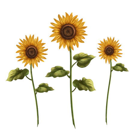 Bright yellow sunflowers on a white background. digital illustration. For design, packaging, textiles, paper, postcards.の写真素材