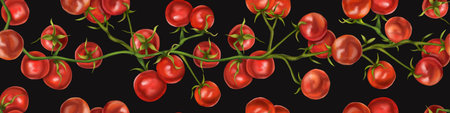 Seamless hand drawn pattern with cherry tomatoes. Vegetable background for textiles, fabrics, banner, wrapping paper, and other designs. Digital illustration on black background.の写真素材