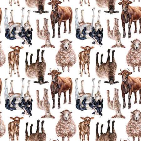 Seamless hand-drawn drawing with farm animals: cows and sheep. Background for textiles, fabrics, banners, wrapping paper and other designs.の写真素材