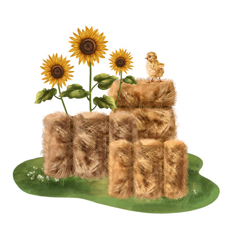 A farmer's composition of a pile of fluffy golden hay, colorful sunflowers and a small yellow chicken in a meadow. For postcards, textiles, booklets, banners, stickers. digital illustration.の写真素材