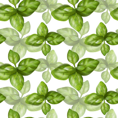 Seamless pattern with green basil leaves. Background for textiles, fabrics, banners, wrapping paper and other designs.の写真素材