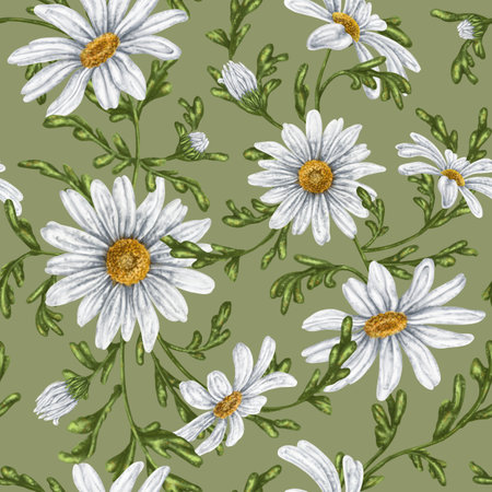 Seamless hand drawn pattern with white chamomiles. Flower background for textiles, fabrics, banner, wrapping paper and other designs. Digital illustration on green background.の写真素材