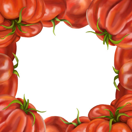 Frame of red ripe tomatoes of different varieties. Digital illustration on a white background. For packaging design, postcards, prints, textiles.の写真素材