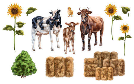 A set of farm cows among haystacks and sunflowers. For postcards, packaging design, textiles, booklets.の写真素材