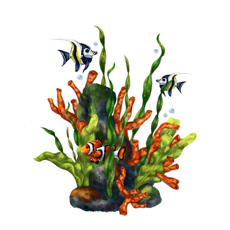A bright composition with an underwater world. Red coral, seaweed, tropical leopard-colored fish and Moorish idol. Digital illustration for printing, stickers, posters, postcards, prints.の写真素材