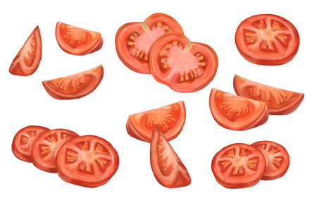 A large set of sliced tomatoes. Slices, triangles, halves. Digital illustration on a white background. Applicable for packaging design, postcards, prints, textilesの写真素材