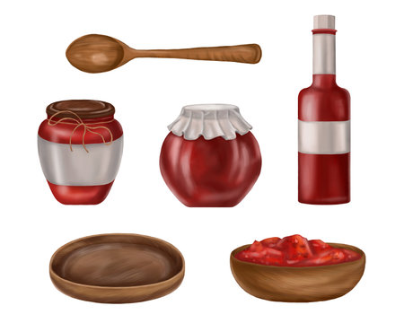 A set of wooden dishes. A bowl, a tray and a spoon. A set of glass jars and bottles with tomato paste. Applicable for packaging design, postcards, prints, textilesの写真素材