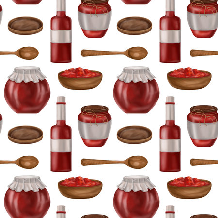 Seamless pattern with canned tomato sauce in glass jars and wooden dishes. Background for textiles, fabrics, banners, wrapping paper and other designs.の写真素材