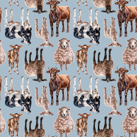 Seamless hand-drawn drawing with farm animals: cows and sheep. Background for textiles, fabrics, banners, wrapping paper and other designs.の写真素材