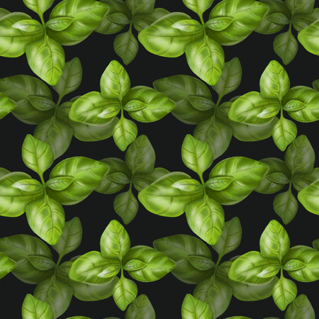 Seamless pattern with green basil leaves. Background for textiles, fabrics, banners, wrapping paper and other designs.の写真素材