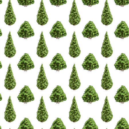 Seamless pattern with illustrations of green bushes and thuja. Background for textiles, fabrics, banners, wrapping paper and other designs.の写真素材
